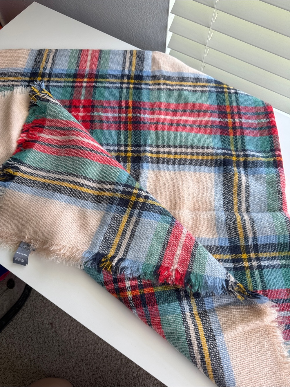 aerie Plaid Fringe Scarf in Red, Green, Light Blue, Beige